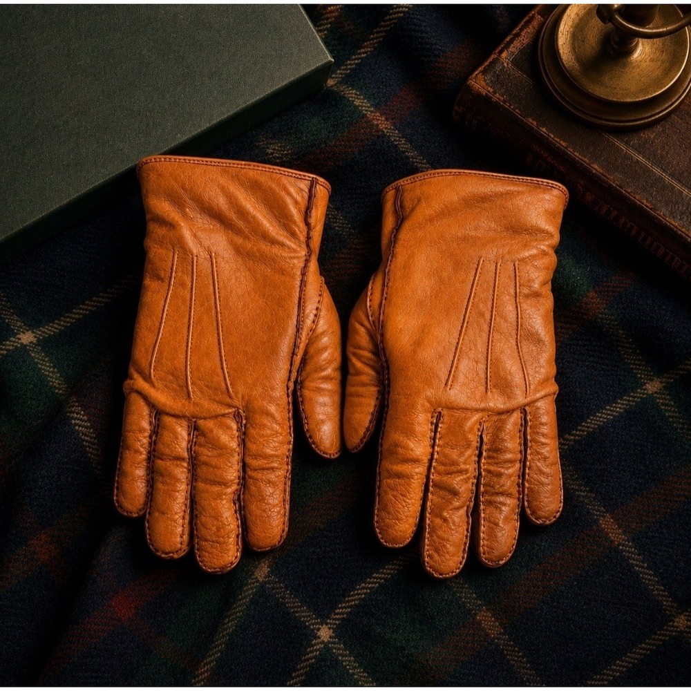 Vintage Italy Leather Cashmere Lined Driving Gloves Tan Cognac Men's